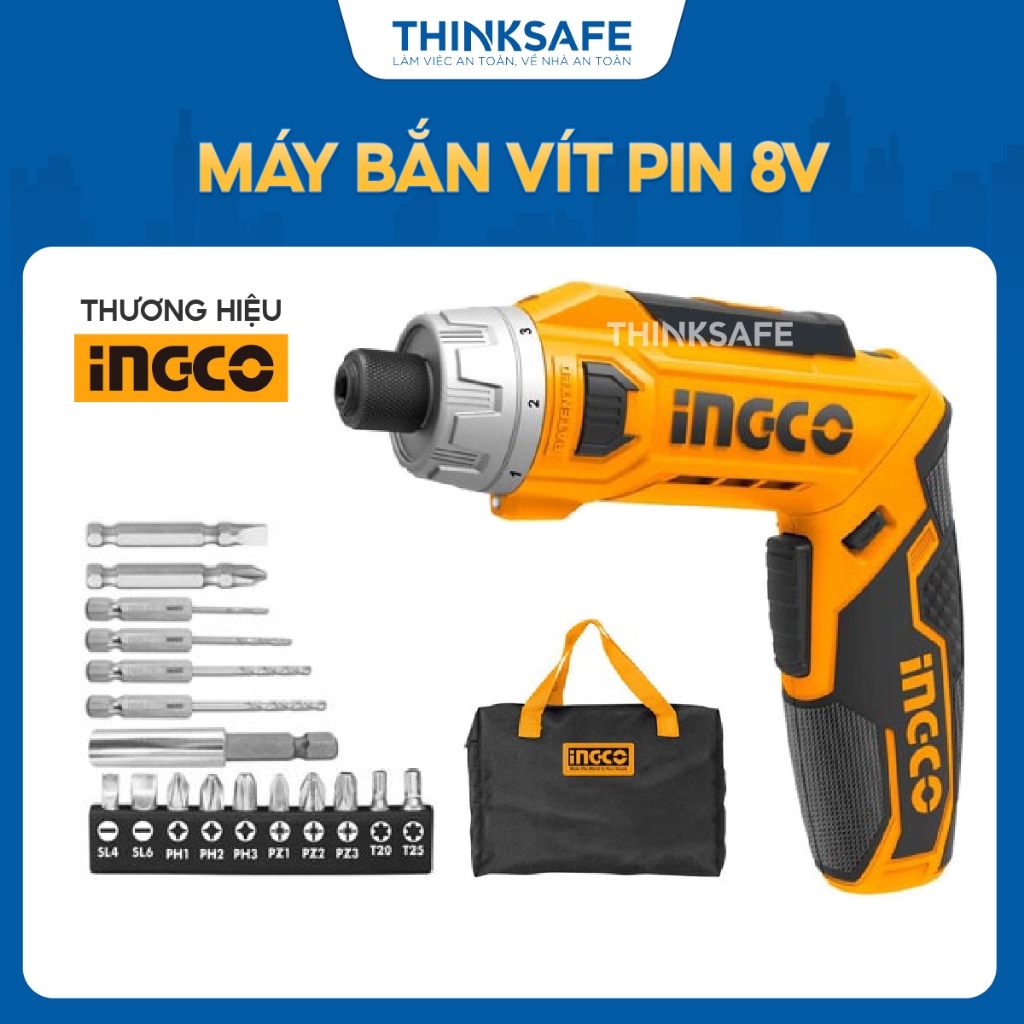 Máy bắn vít pin 8V Ingco CSDLI0801, đầu lục giác 1/4 inch Máy vặn vít cầm tay kèm mũi siết vít 25mm, mũi từ và mũi khoan