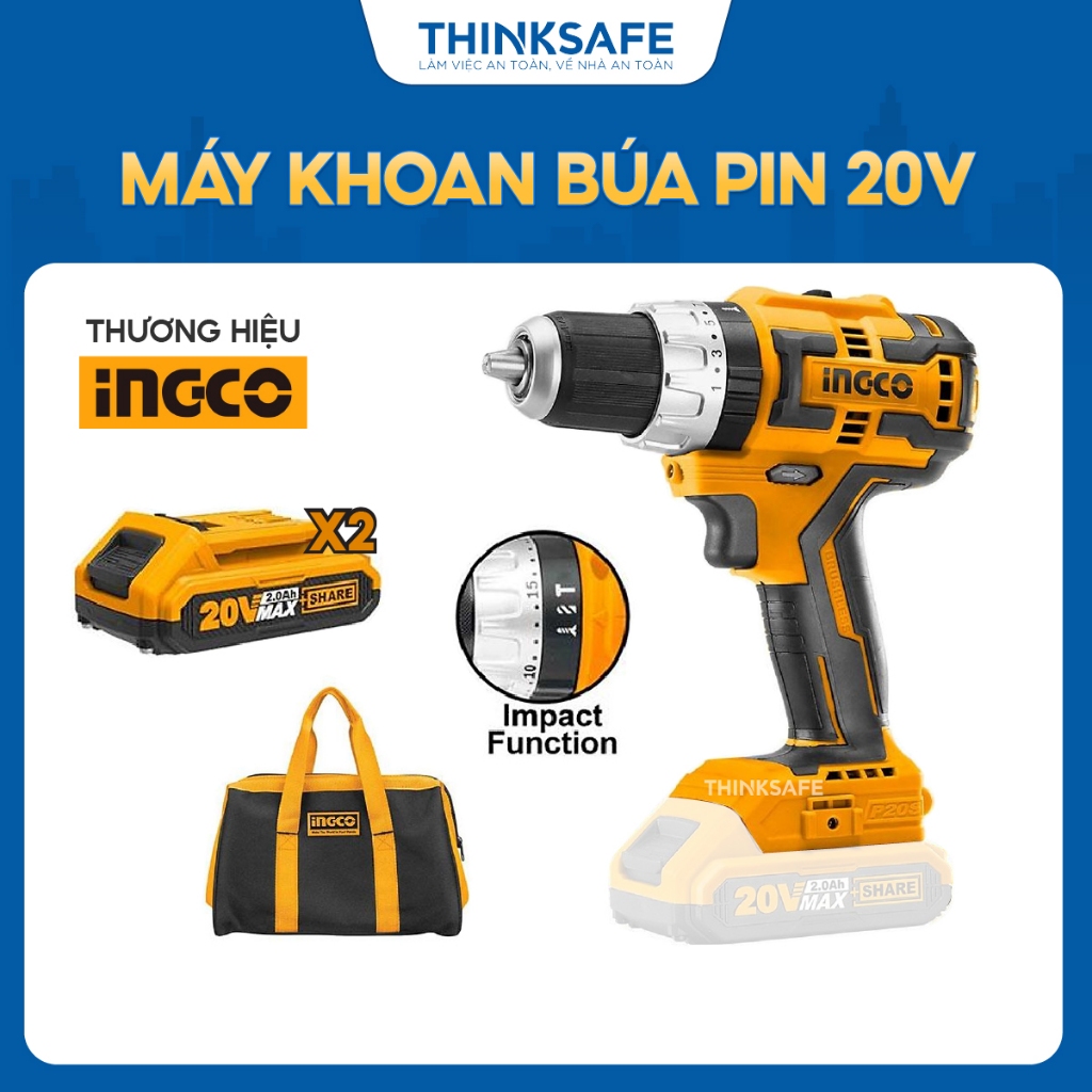 Máy khoan búa dùng pin 20V INGCO CIDLI20608, không chổi than, Lực siết 60NM, kèm 2 pin 2Ah và 1 sạc nhanh - Thinksafe