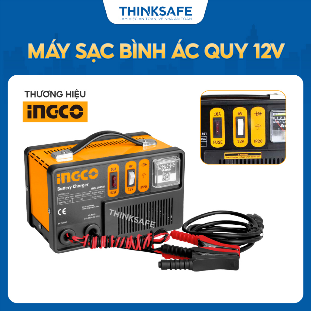 Máy sạc bình ắc quy 12V INGCO lớp cách điện H, dòng sạc tối đa 6-20A, sạc acquy 12V chức năng sạc thường, sạc nhanh