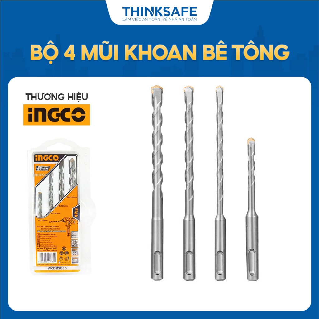 Bộ 4 mũi khoan bê tông đuôi gài INGCO AKDB2055 nhiều kích thước - Thinksafe