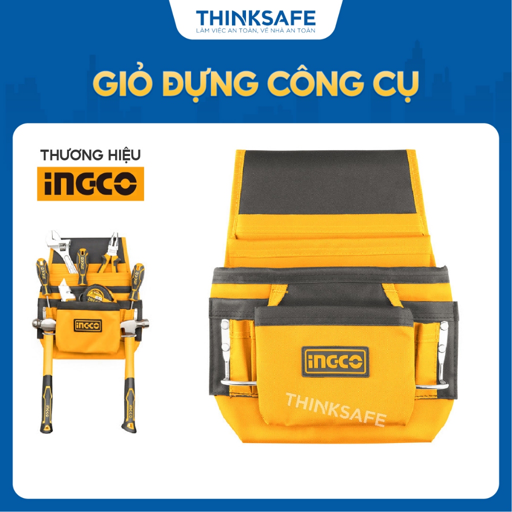 Giỏ Đựng Công Cụ Đeo Lưng INGCO HTBP01011 - 10 Túi Nhỏ, 2 Cái Búa - Chất Liệu 600D Polester Thinksafe
