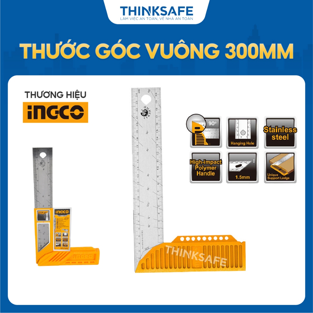 Thước góc vuông 300mm INGCO HAS123002 - Lưỡi thép không gỉ - Tay cầm nhựa polyme chịu lực cao - Điểm đánh dấu cho bút