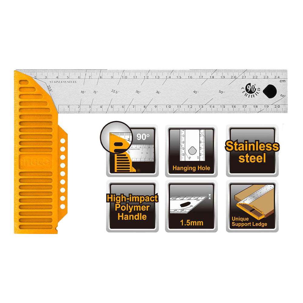 Thước góc vuông 300mm INGCO HAS123002 - Lưỡi thép không gỉ - Tay cầm nhựa polyme chịu lực cao - Điểm đánh dấu cho bút