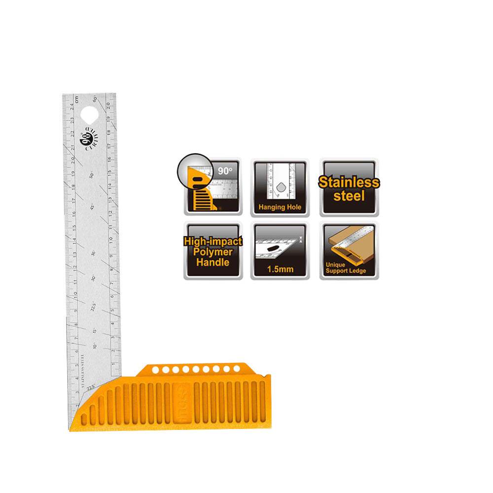 Thước góc vuông 300mm INGCO HAS123002 - Lưỡi thép không gỉ - Tay cầm nhựa polyme chịu lực cao - Điểm đánh dấu cho bút