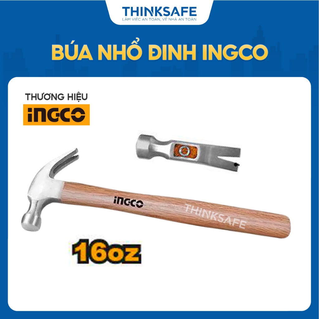 Búa nhổ đinh INGCO HCH0416 450g, Tay cầm gỗ cứng, Đầu búa rèn khuôn, Thép cacbon 45 - Thinksafe