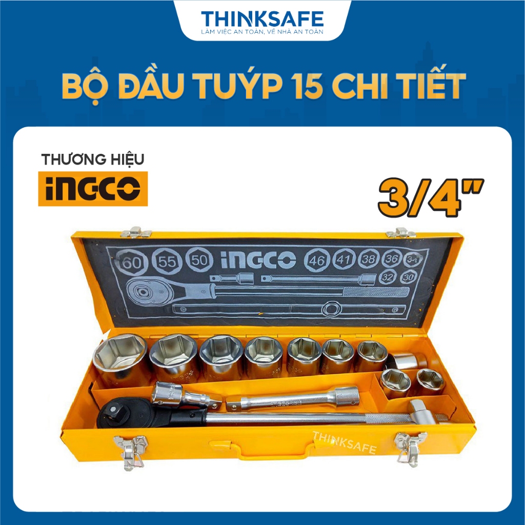 Bộ 15 đầu tuýp tay vặn 3/4 INGCO HKTS034151 Chất liệu thép CR-V, chịu nhiệt, ép đùn lạnh, mạ crôm - Thinksafe