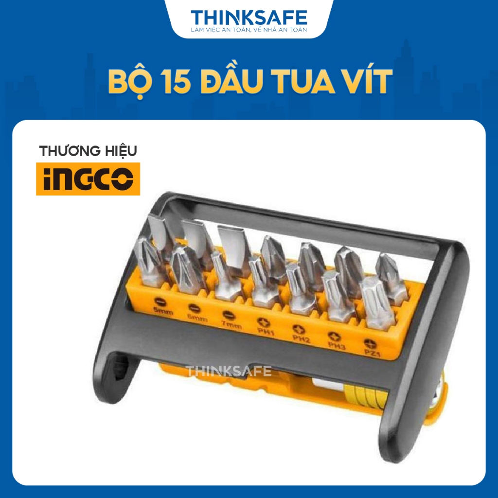 Bộ 15 đầu tua vít INGCO AKSD0151 Cr-V, mũi gắn vặn 60mm, đóng gói vỉ nhựa giấy - Thinksafe