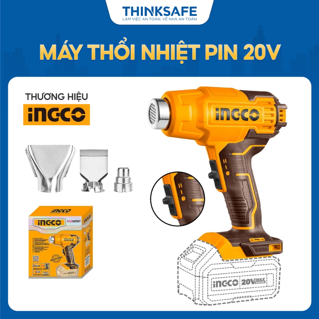 Máy thổi nhiệt pin 20V INGCO HGLI2002, Nhiệt độ 300/550°C, Luồng gió 100/200 L/phút - Không kèm Pin và sạc - Thinksafe