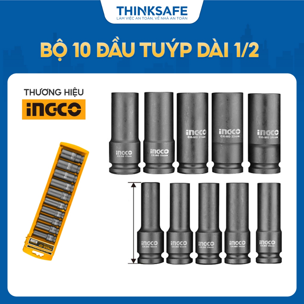 Bộ 10 đầu tuýp dài 1/2 inch INGCO HKISSD12102L, Chiều dài 78mm, Chất liệu thép CrMo Chịu nhiệt - Thinksafe