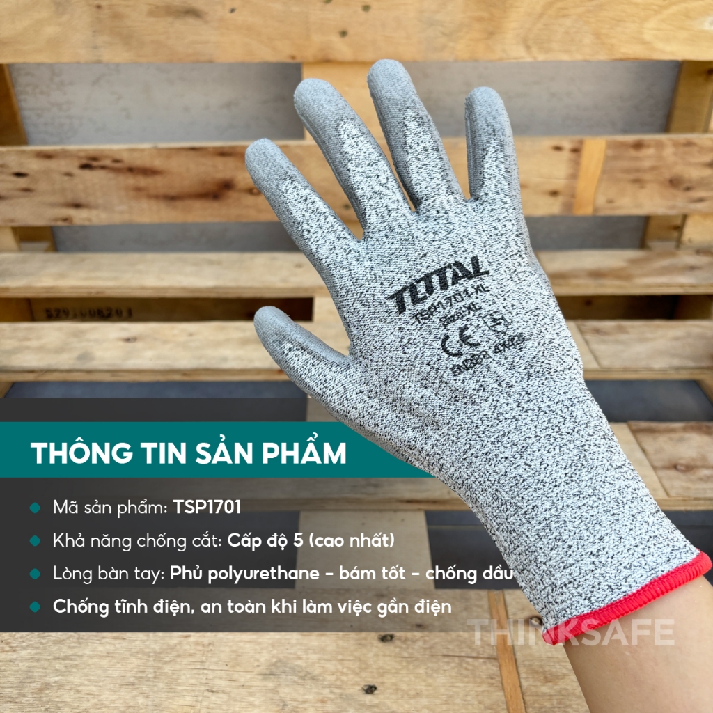 Găng tay chống cắt Total TSP1701-XL phủ PU size XL chống cắt cấp độ cao nhất