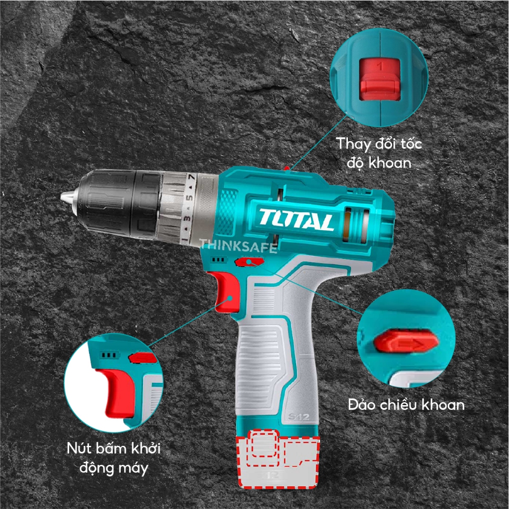 Máy khoan pin 12v Total mô-men xoắn 20Nm, tốc độ thay đổi, kèm 2 pin không kèm sạc type C, Máy khoan cầm tay - Thinksafe