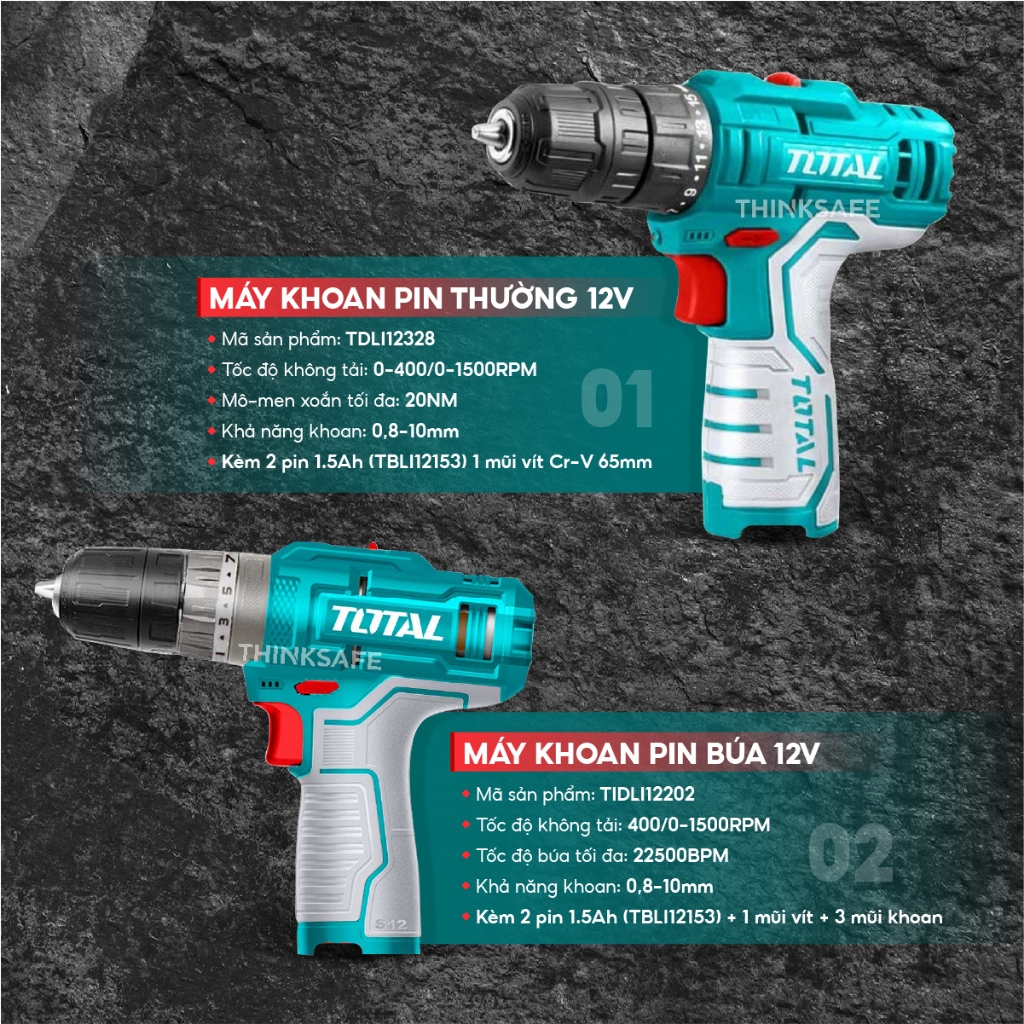 Máy khoan pin 12v Total mô-men xoắn 20Nm, tốc độ thay đổi, kèm 2 pin không kèm sạc type C, Máy khoan cầm tay - Thinksafe