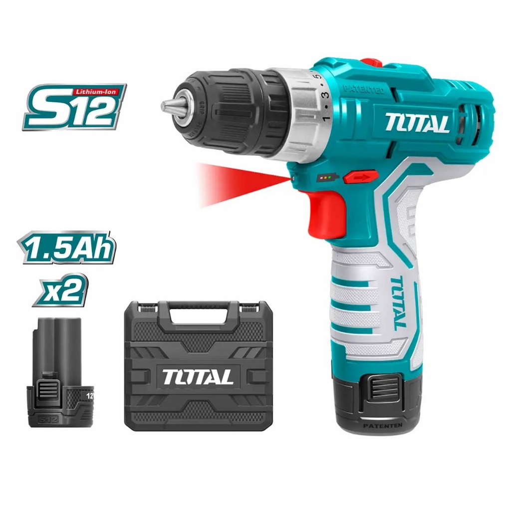 Máy khoan pin 12v Total mô-men xoắn 20Nm, tốc độ thay đổi, kèm 2 pin không kèm sạc type C, Máy khoan cầm tay - Thinksafe