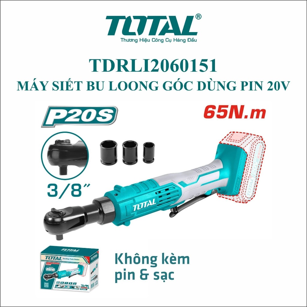 Máy siết bulong góc Pin 20V Total, Mô-men xoắn tối đa 65Nm, Đầu siết vuông 3/8 inch, phân phối chính hãng - Thinksafe