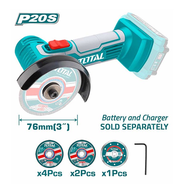 Máy mài góc mini Pin Total 20V, tốc độ không tải 19500 vòng/phút, Ren trục chính M6, phân phối chính hãng thinksafe
