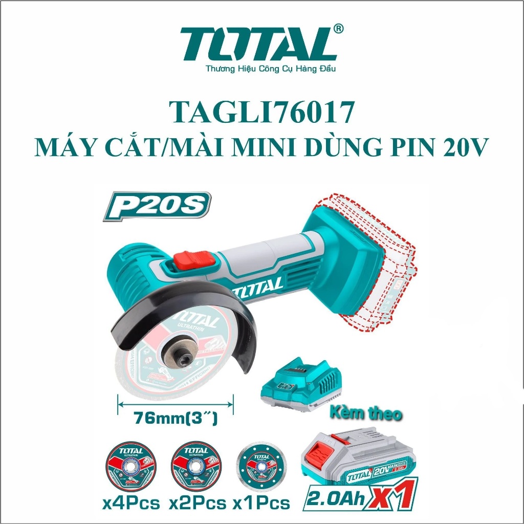 Máy mài góc mini Pin Total 20V, tốc độ không tải 19500 vòng/phút, Ren trục chính M6, phân phối chính hãng thinksafe