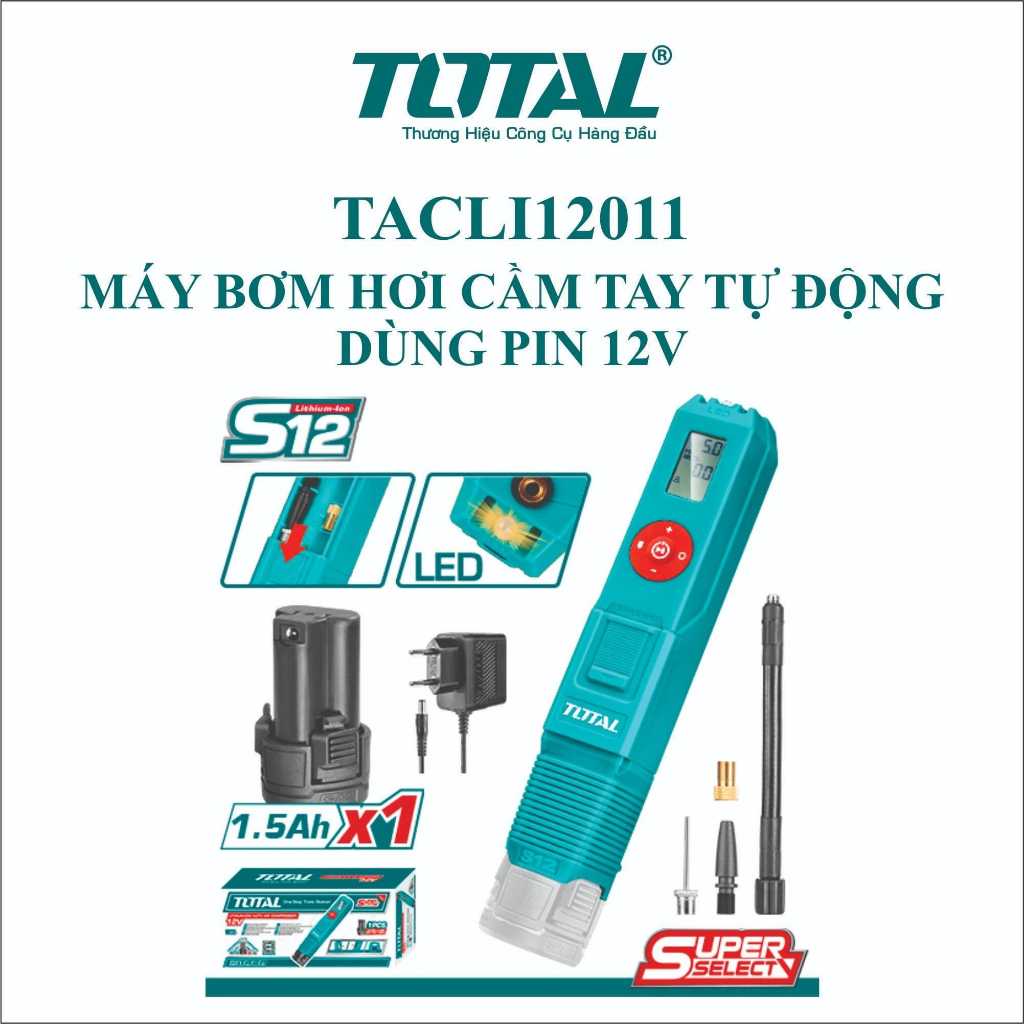 Máy bơm hơi cầm tay tự động dùng pin 12V Total, TACLI12011, Điện áp sạc 220-240V~50/60Hz, phân phối chính hãng Thinksafe