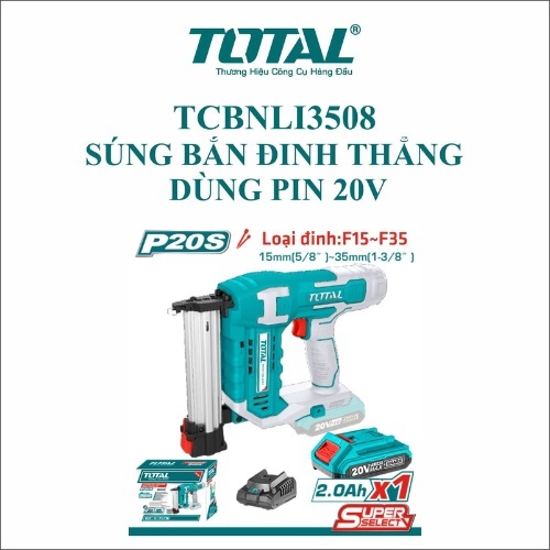 Súng bắn đinh thẳng dùng pin 20V Total, Loại đinh F15~F35 và F15~F40, Tốc độ truyền đinh 3 đinh/s - Thinksafe