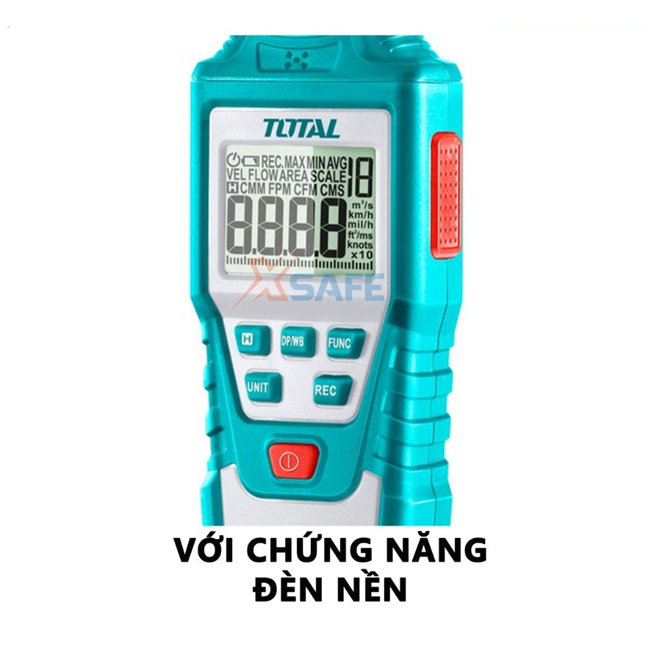 Máy đo tốc độ gió kỹ thuật số Total TETAN01 chức năng đèn nền, dùng pin AA độ phân giải 0,01 lưu trữ dữ liệu - Thinksafe