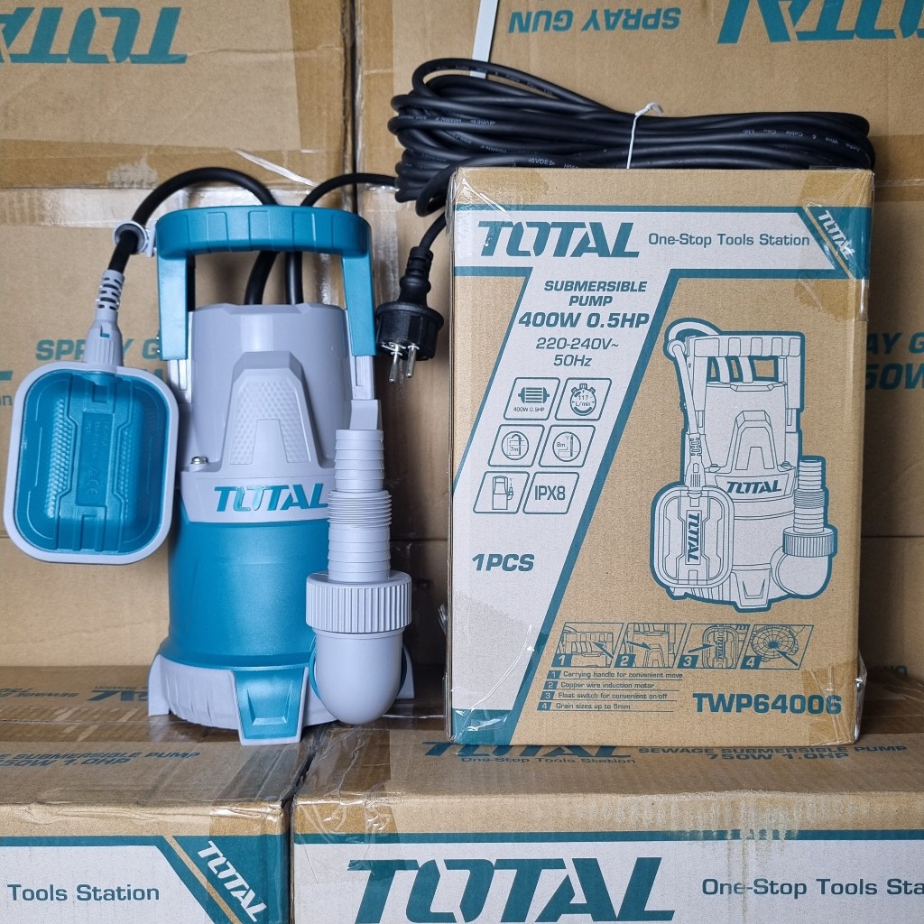 Bơm chìm nước sạch vỏ nhựa Total TWP64006, mô tơ dây đồng, kèm èm công tắc phao, Máy bơm chính hãng - Thinksafe