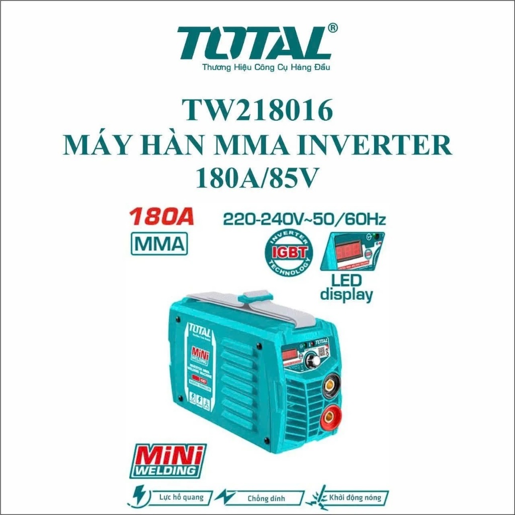 Máy hàn điện MMA mini Total, hiệu suất 130A - 180A, điện áp đầu vào 1~220-240V, tần số 50/60Hz, chính hãng - Thinksafe
