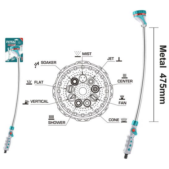 Đầu phun tưới nước dài 28inch Total THWW092, 9 kiểu phun điều chỉnh được góc phun, đầu kim loại sơn tĩnh điện -Thinksafe
