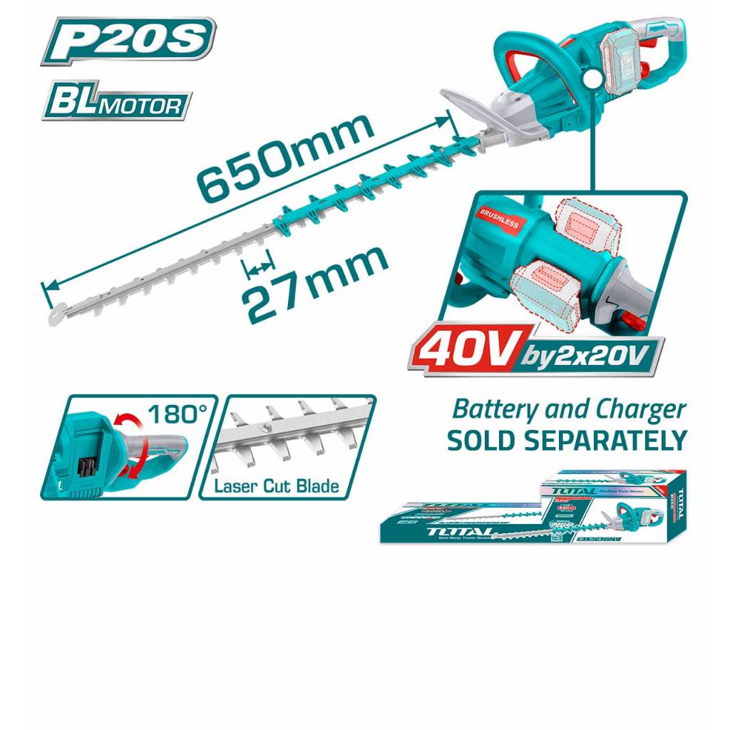 Máy cắt tỉa hàng rào dùng pin 20V TOTAL, chiều dài lưỡi cắt 450mm - 600mm, tốc độ cắt 1400 - 3600 vòng/phút - Thinksafe