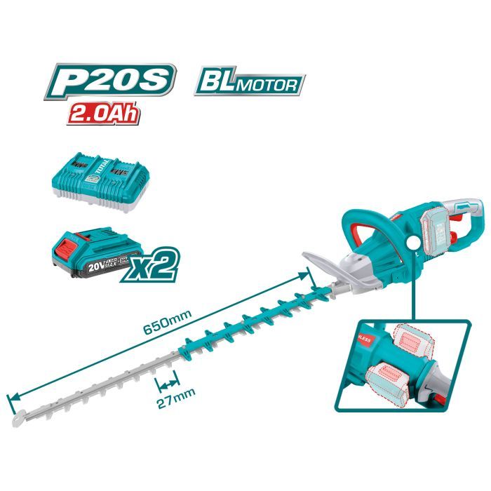 Máy cắt tỉa hàng rào dùng pin 20V TOTAL, chiều dài lưỡi cắt 450mm - 600mm, tốc độ cắt 1400 - 3600 vòng/phút - Thinksafe