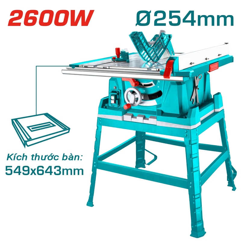 Máy Cưa Gỗ Bàn Total TS526043 2600W, Tốc độ không tải 4800 V/p, Chân đỡ bằng thép 4 chân, Máy Cưa chính hãng - Thinksafe