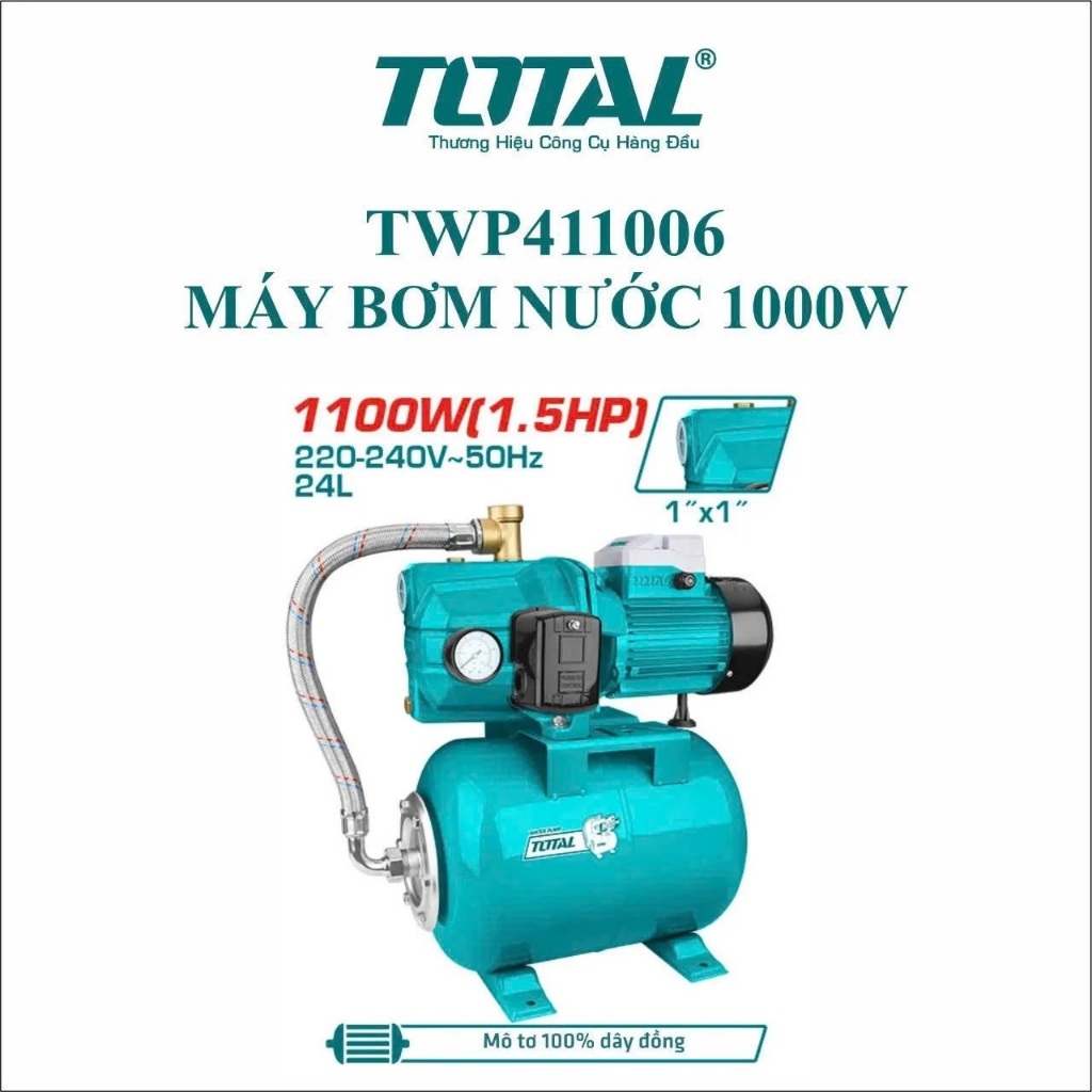 Máy bơm nước nổi tự động mồi Total, công suất 370W - 1500W, mô tơ dây đồng, dây cáp dài 3m, chính hãng - Thinksafe