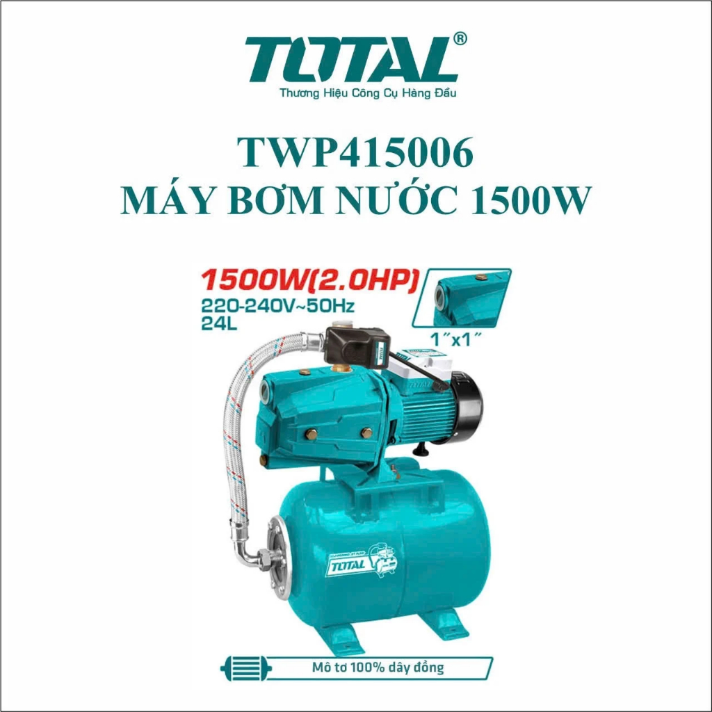 Máy bơm nước nổi tự động mồi Total, công suất 370W - 1500W, mô tơ dây đồng, dây cáp dài 3m, chính hãng - Thinksafe