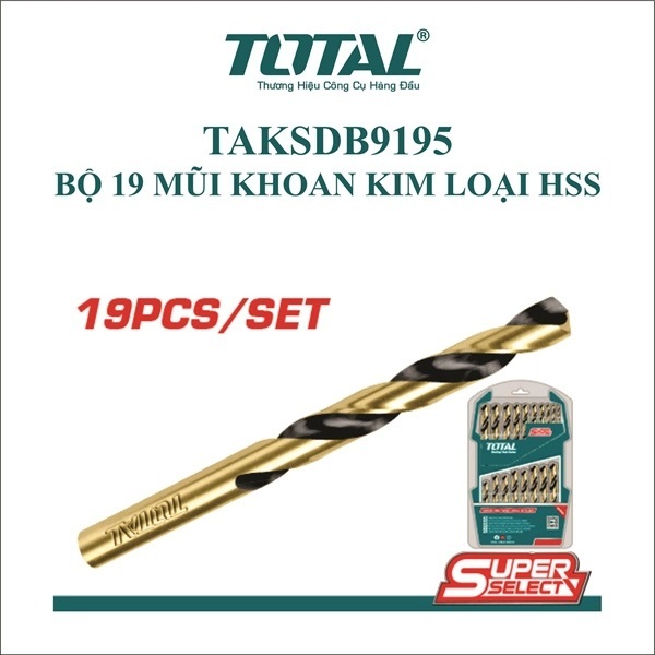 Bộ 6 - 19 mũi khoan kim loại đuôi trơn Total, chuyên dùng khoan kim loại, kích thước 2mm - 10mm, chính hãng - Thinksafe