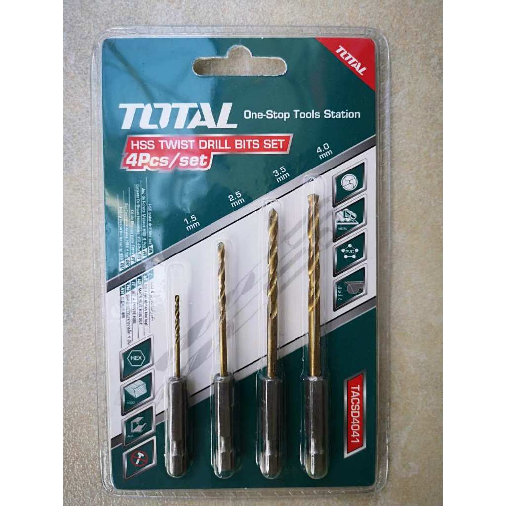 Bộ 4 mũi khoan kim loại đuôi gài Total TACSD4041, kích thước 1.5 - 4.0mm, mũi khoan đuôi lục giác 4 chi tiết - Thinksafe