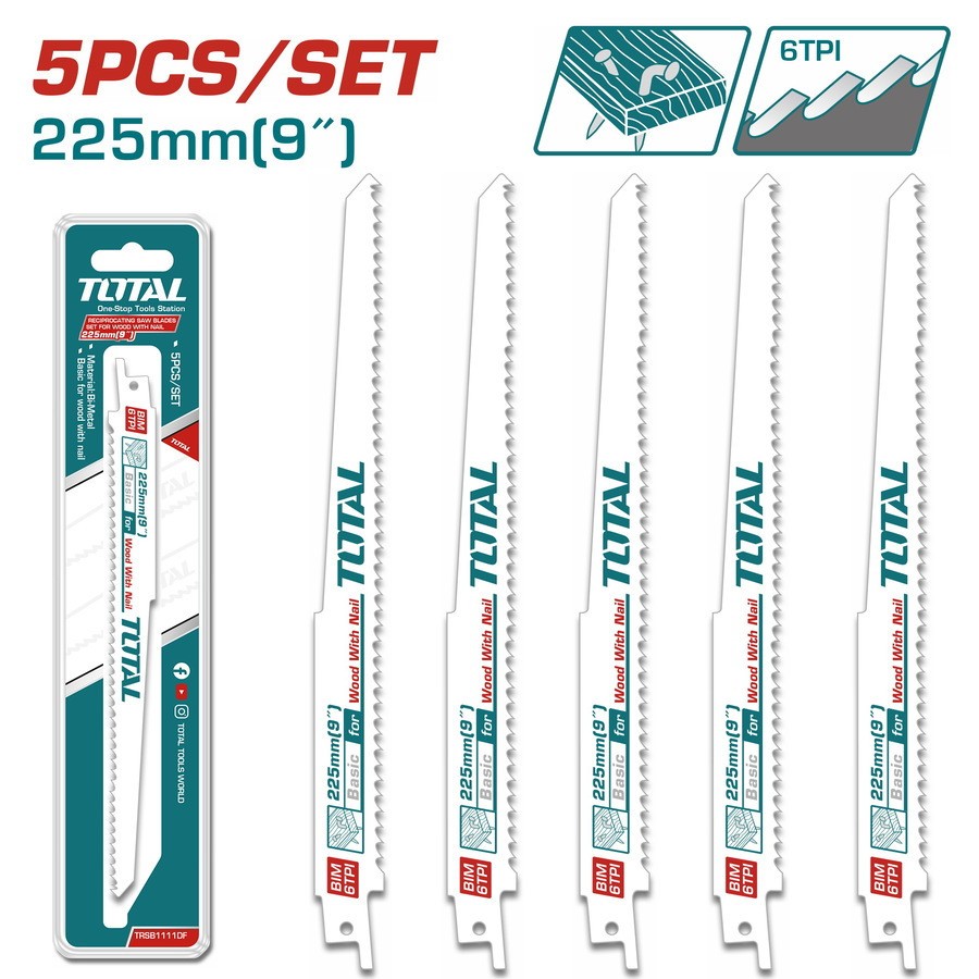Bộ lưỡi cưa kiếm TOTAL, kích thước 150mm - 225mm, chuyên dùng để cắt gỗ phù hợp cho máy cưa kiếm cầm tay - Thinksafe