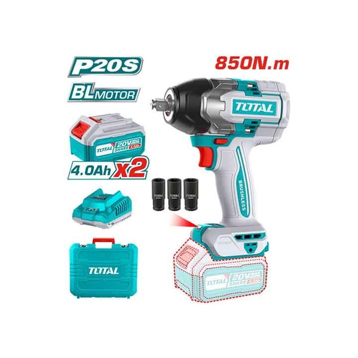 Máy siết bulong Pin Total 20V đầu siết vuông 1/2, Mô tơ không chổi than Mô-men xoắn 300Nm - 850Nm chính hãng Thinksafe