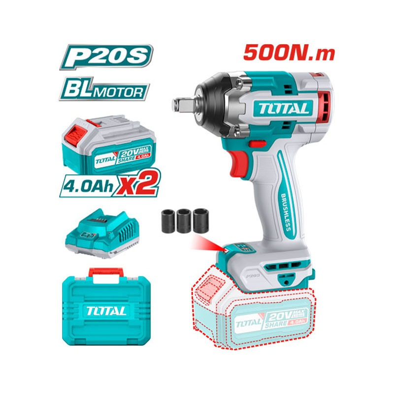 Máy siết bulong Pin Total 20V đầu siết vuông 1/2, Mô tơ không chổi than Mô-men xoắn 300Nm - 850Nm chính hãng Thinksafe