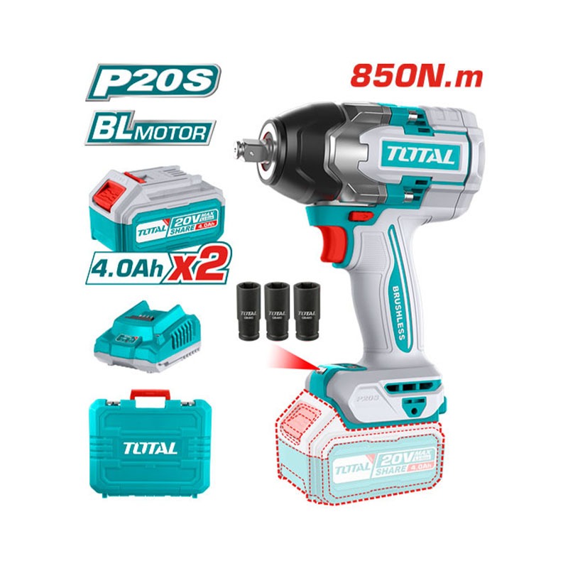 Máy siết bulong Pin Total 20V đầu siết vuông 1/2, Mô tơ không chổi than Mô-men xoắn 300Nm - 850Nm chính hãng Thinksafe