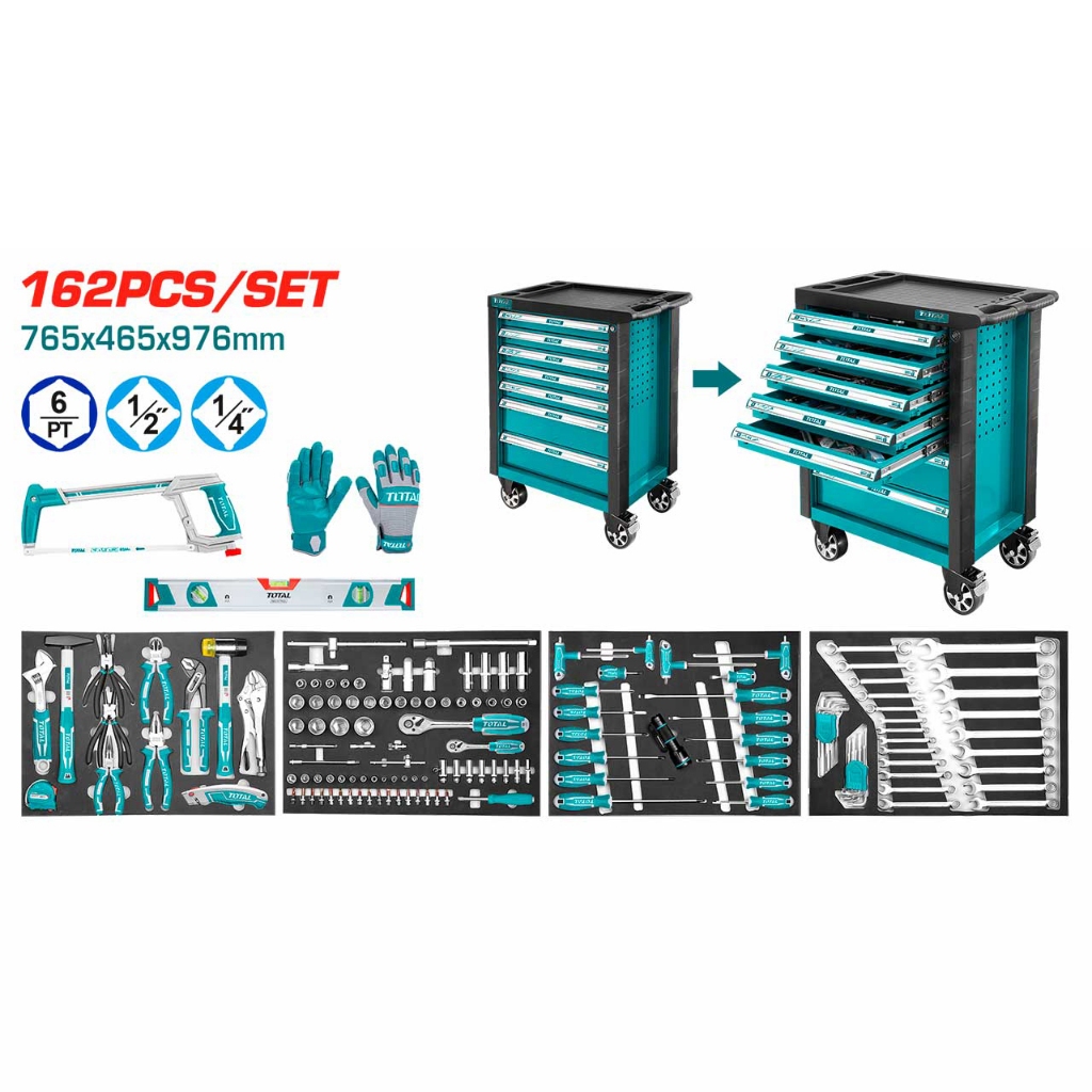 Bộ 162 món trong xe đựng công cụ Total THPTCS71621, xe đựng công cụ có 7 ngăn kéo, phân phối chính hãng - Total