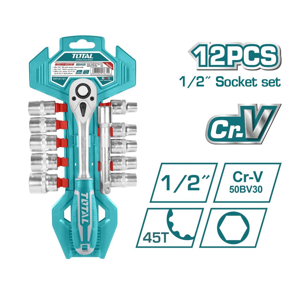 Bộ cần siết lưc 2 chiều và đầu tuýp 12 chi tiết TOTAL, kích thước 1/2 - 1/4 inch, chất liệu thép crv mạ crôm - Thinksafe