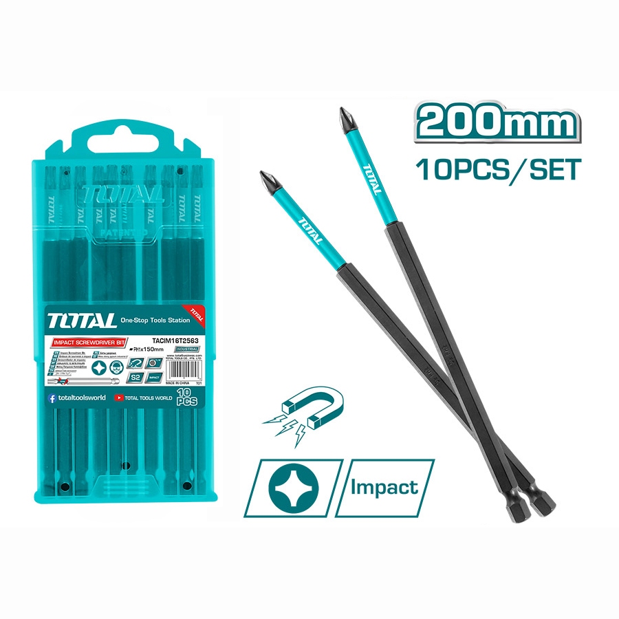 Bộ 10 mũi bắt vít bake PH1 Total, mũi dài 150-250mm bề mặt màu đen có nam châm chất liệu thép công nghiệp S2 - Thinksafe