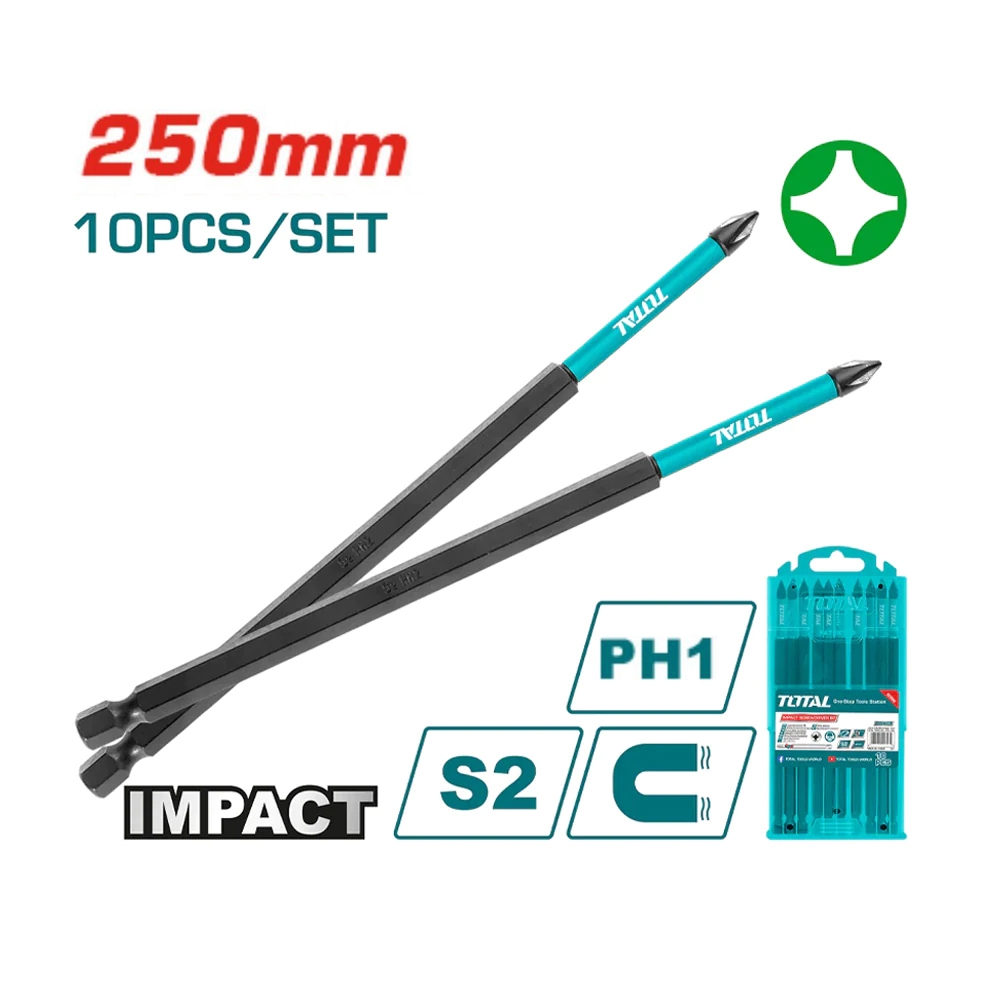 Bộ 10 mũi bắt vít bake PH1 Total, mũi dài 150-250mm bề mặt màu đen có nam châm chất liệu thép công nghiệp S2 - Thinksafe