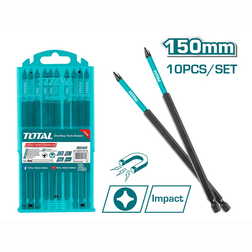 Bộ 10 mũi bắt vít bake PH1 Total, mũi dài 150-250mm bề mặt màu đen có nam châm chất liệu thép công nghiệp S2 - Thinksafe