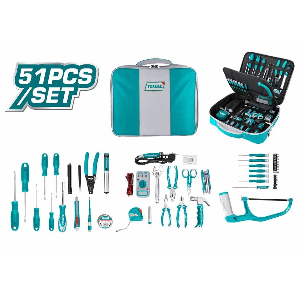 Bộ đồ nghề viễn thông Total, bộ 11 - 51 chi tiết Bộ dụng cụ sửa chữa đa năng gồm tua vít, kìm, bút thử điện - Thinksafe