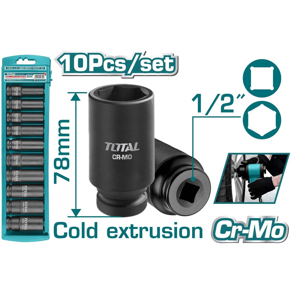 Bộ 10 đầu tuýp tác động sâu Impact DR Total 1/2 inch đa dạng kích cỡ, chất liệu thép CrMo, Chính hãng - Thinksafe