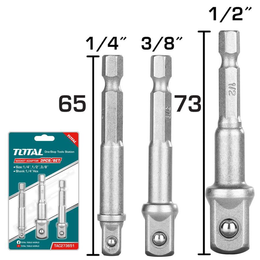 Bộ 3 đầu chuyển tuýp lục giác sang đầu vuông Total TAC273651, Đầu tuýp lục giác 1/4 inch, Chất liệu: 50BV30 - Thinksafe