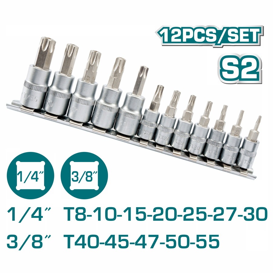 Bộ 12 đầu tuýp lục giác bông sao Total THT1438121, chất liệu S2 -50BV30, xử lý nhiệt mạ crôm, chính hãng - Thinksafe