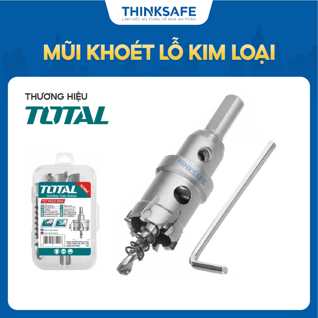 Mũi khoét lỗ kim loại Total kích thước 20mm - 35mm, khả năng cắt 26mm, mũi khoan kim loại chính hãng - Thinksafe