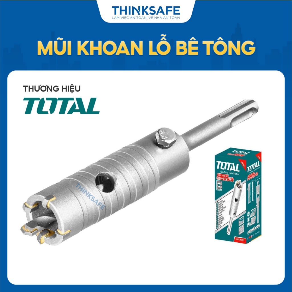 Mũi Khoan Lỗ Bê Tông Total đa dạng kích thước từ 30mm - 150mm, Lưỡi TCT kèm khớp chuyển đổi, Chính hãng - Thinksafe