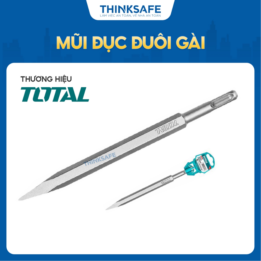 Mũi đục đuôi gài Total, mũi đục dẹp và mũi đục nhọn chuyên dùng để đục, khoét bề mặt cứng như tường, bê tông- Thinnksafe