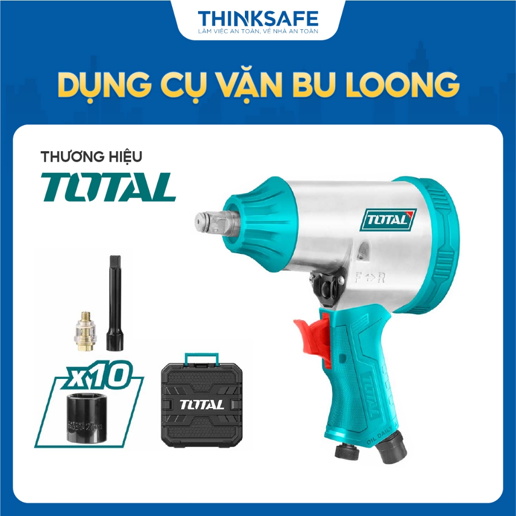 Máy bắn bulong khí nén Total, đầu vặn vuông 12.5mm - 25mm, mô men xoắn 312 - 1800Nm, Máy siết bulong hơi, cơ chế búa đôi